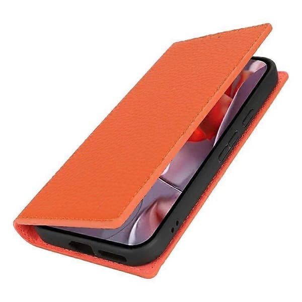 För Google Pixel 9a Plånboksfodral Äkta Kohud Telefonfodral Litchi Textur Orange