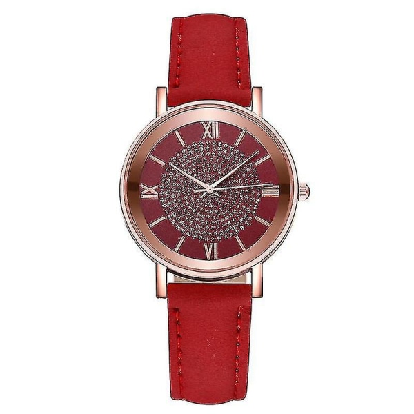 Stjärnklar Himmel Urtavla Mode Romerskt Index Strass Läder Dam Quartz Klocka Red Color