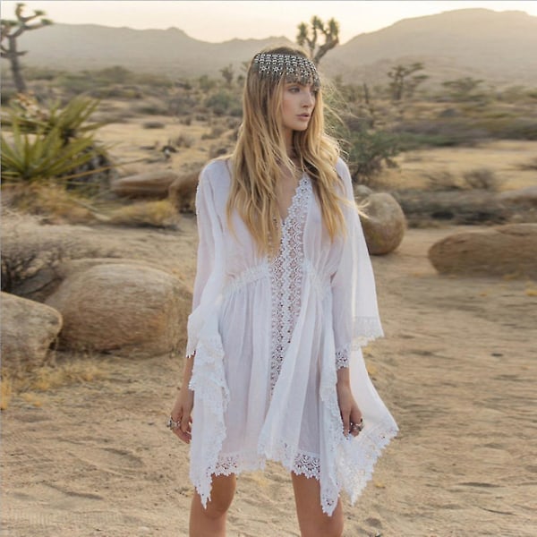 Patchwork Blomsterramme Kaftan Strandtøj Elastisk Talje Solbeskyttelse B