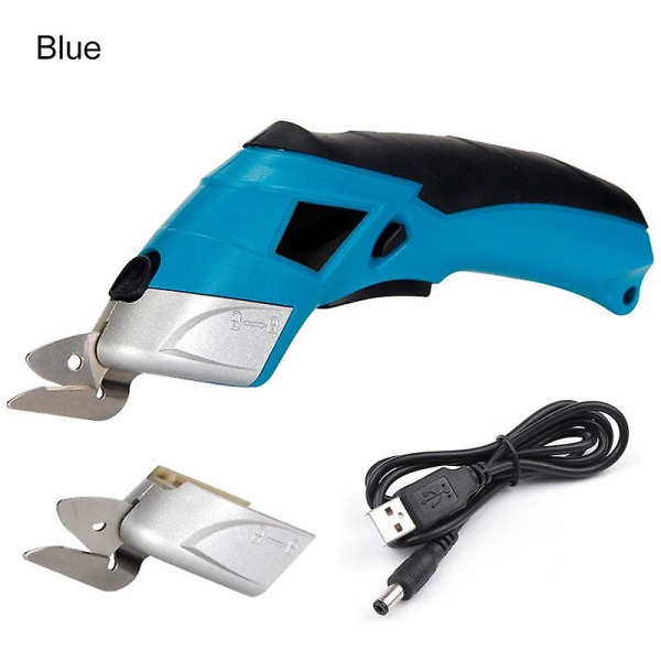 Elektrisk saks oppladbar stoff saks kutter med to blader for stoff lær teppe Blue
