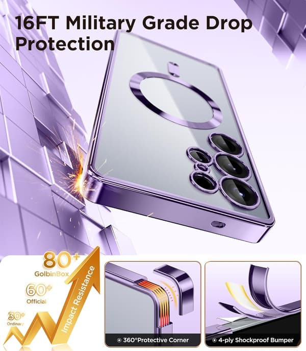 [LCS]Magnetic Case Samsung Galaxy S25 Ultra, Compatible with MagSafe, [Full Camera Protection] [Screen Protector] Shockproof Plated Transparent Black\/Clear