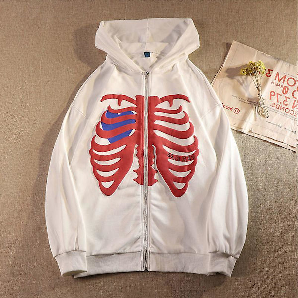 Skelet Zip Up Hættetrøje Til Kvinder Mænd Skelet Jakke Efterår Forår Sweatshirt White M