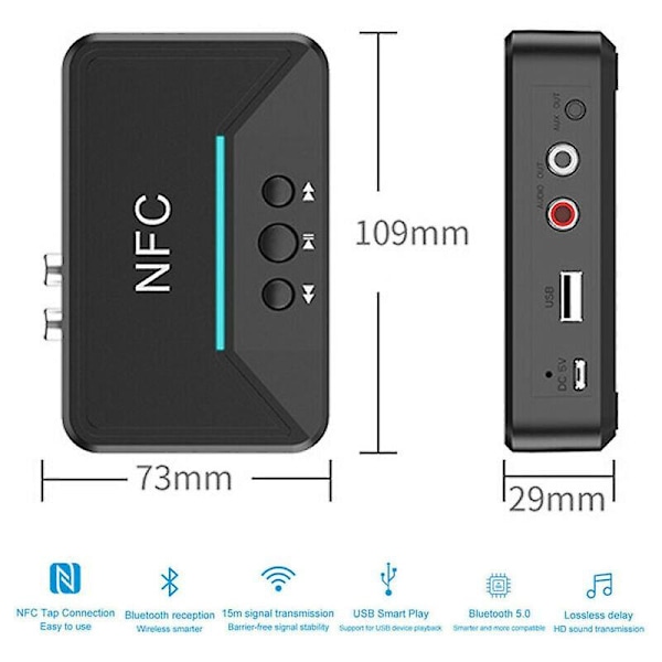 Trådløs Bluetooth 5.0 Receiver 3.5mm Jack AUX NFC til 2 RCA Audio Stereo Adapter