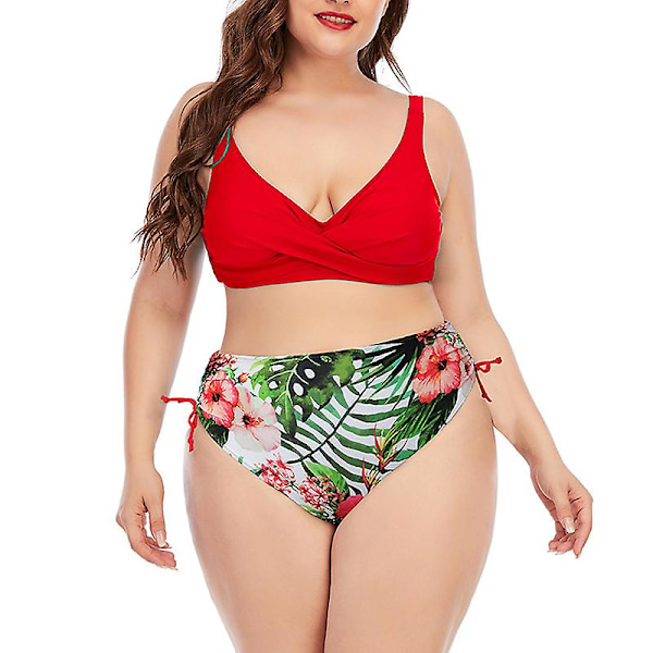 Oversize bikini til kvinder, 2-delt højtaljet trykt badetøj med justerbare skulderstropper Red 2XL