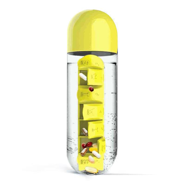 Pillerirasia ja juomapullo 600ml Ilmainen matka 7 päivän pillerikuppi 2-in-1 juomapullo pillerijärjestäjällä Yellow
