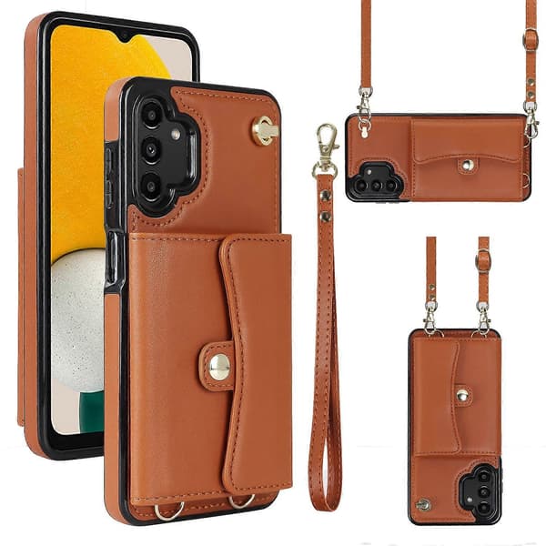 [LCS] För Samsung Galaxy A13 4G / 5G RFID-kortplats Läderfodral med lång snodd Brown