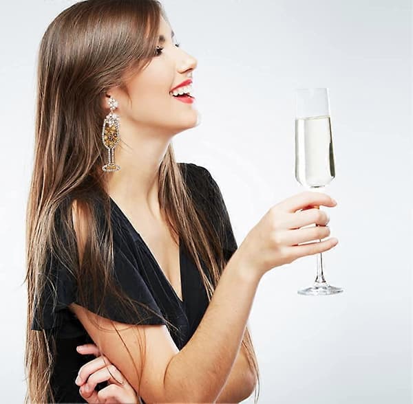 Champagneflaske øreringe, håndlavede krystal champagne vinglas øreringe rhinestone perle dråbe dinglende øreringe charmerende søde statement party E