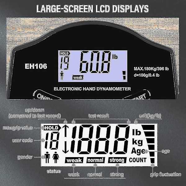 Greb Styrke Tester, 396lbs/180kg Digital Hånd Dynamometer Greb Styrke Måler Usb Lcd Skærm Hånd[HK]