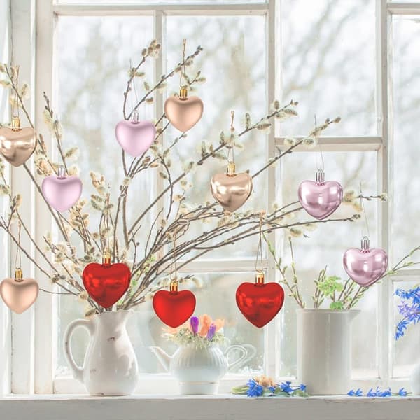 12 Røde Hjerteformede Julekuler, Glansfulle og Matte Hjerteformede Julekuler for Valentinsdagdekorasjoner, Hjerteformede{AZC}