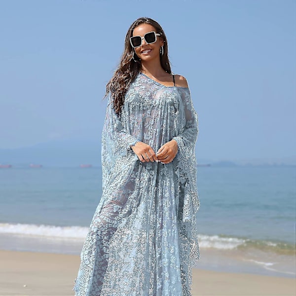 [LCS] Strandovertrekk Boho blondekimono Plus Size Bikini Robe Badedrakt for kvinner Solid-MXBC Mint Blue