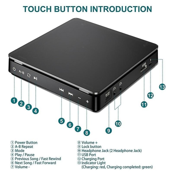 Bärbar Cd-spelare Dubbelhörlursversion Kontaktknappsreproducerare Cd Walkman Uppladdningsbar Stötsäker LCD-skärm