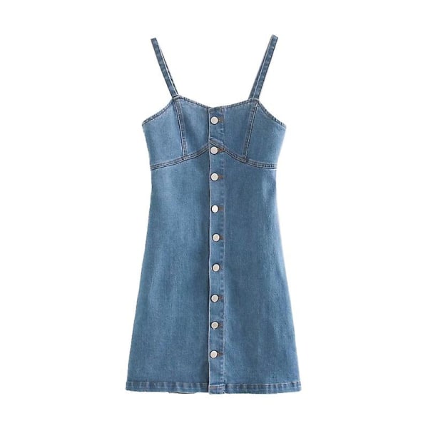 Slimmad Enkelknäppt Denimklänning Med Midja Och Tunna Axelband XS