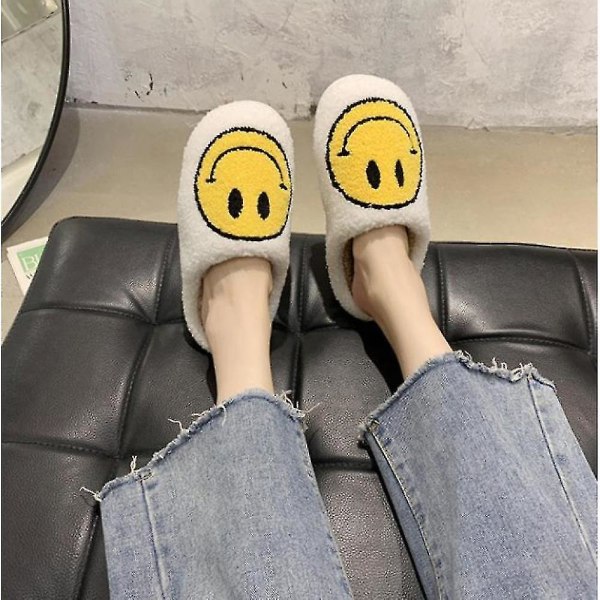 Smiley Face Bløde Plys Komfortable Varme Slip-on Hjemmesko White 41-42