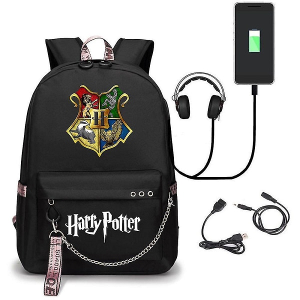 Harry Potter-ryggsäck USB laddande skolväska Oxford-tyg（Color-8）
