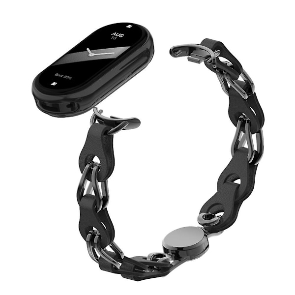 Til Xiaomi Smart Band 8 Magnetisk Ur Ægte Koskindslæder + Armbånd i Aluminiumlegeringskæde Black