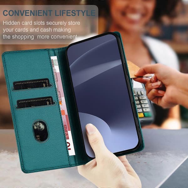 [LCS]Etui til iPhone 15, blødt PU-læder Folio Flip Kickstand Stødsikkert telefonetui- Dark Green