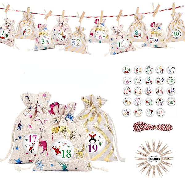 24 st Varmpräglade Jul Linneväska Digital Badge Adventskalender