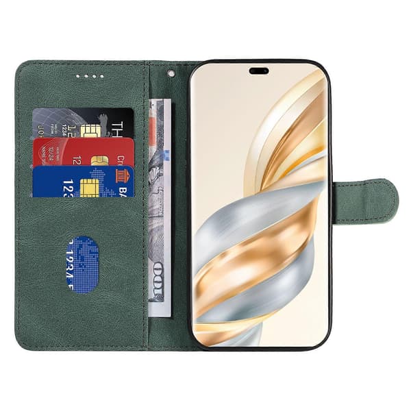 Plånboksfodral i läder med stativ och böjd linjedesign för Honor Magic7 Lite 5G Green