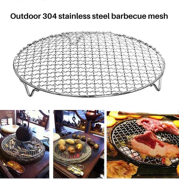 [LCS]304 Rustfrit Stål Multifunktionelt Rundt Grillnet med Fod Grillrist Dampbageplade Camping O Silver