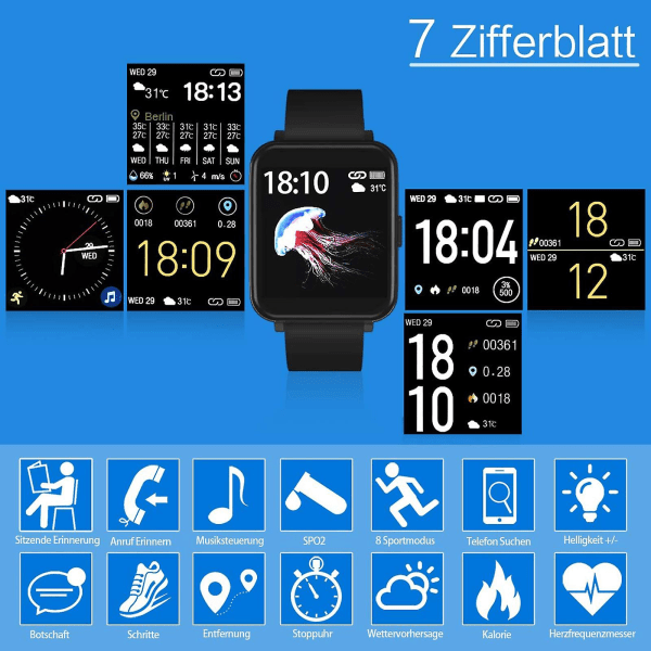 Multifunktionell Smart Watch 1,54" stor fyrkantig skärm Ip68 stegräknare Aktivitetsspårning kompatibel
