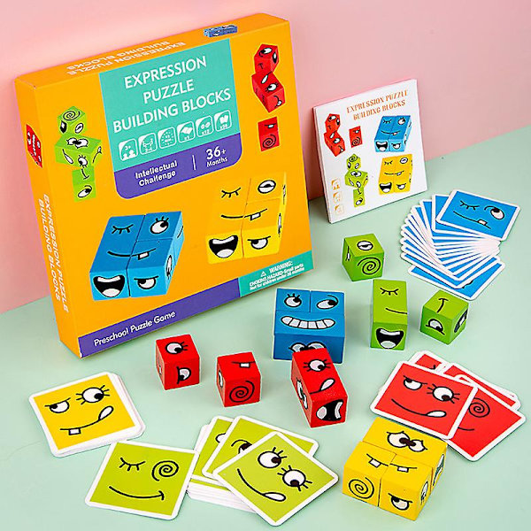 Træ Udtryk Matchende Blok Puzzle Pædagogisk Legetøj