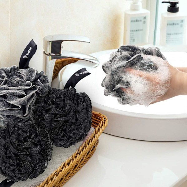 Badsvamp, badboll, badsvamp för vuxna män och kvinnor bad kropp dusch exfolierande skrubb svart 2 stycken