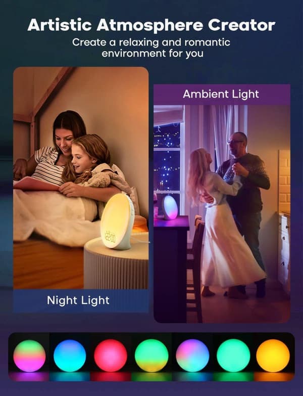 [LCS] Light alarm clock, daylight alarm clock, sunrise and sunset simulation, full screen wake-up lamp with dual alarms