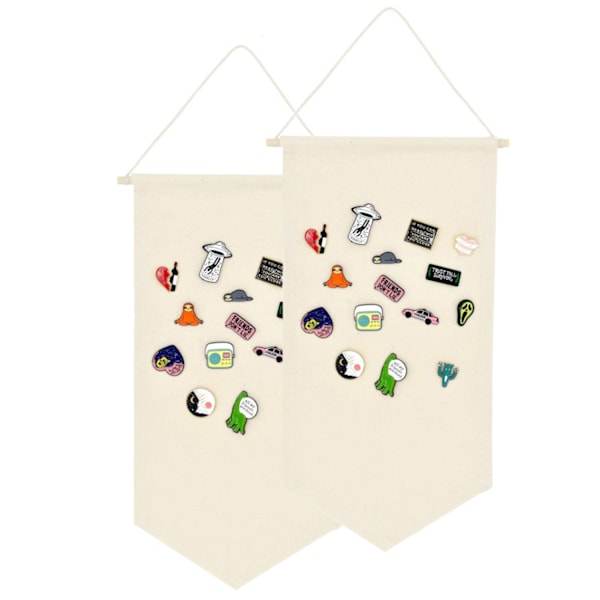 2 st Väggmonterad Märkesdisplay Canvas Emalj Brosch Samling Display Banner Medalj Nål Förvaring Krage Flagga Vimpel Ram (Beige)