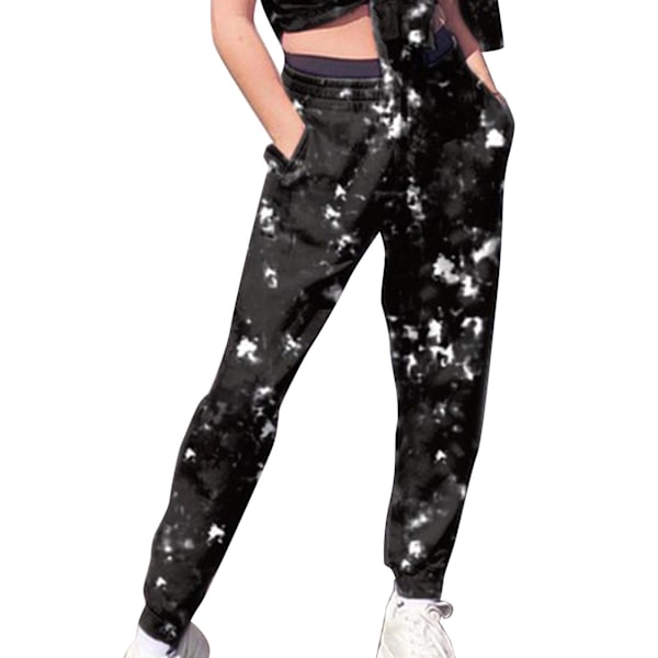 Dam Tie Dye Mjukisbyxor Casual Hög Midja Byxor Med Elastiskt Band Baggy Streetwear Black M