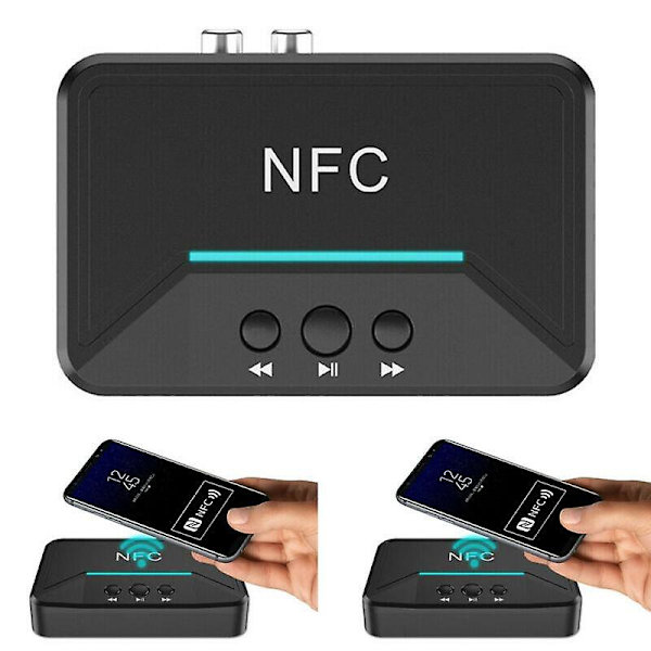 Trådløs Bluetooth 5.0 Receiver 3.5mm Jack AUX NFC til 2 RCA Audio Stereo Adapter