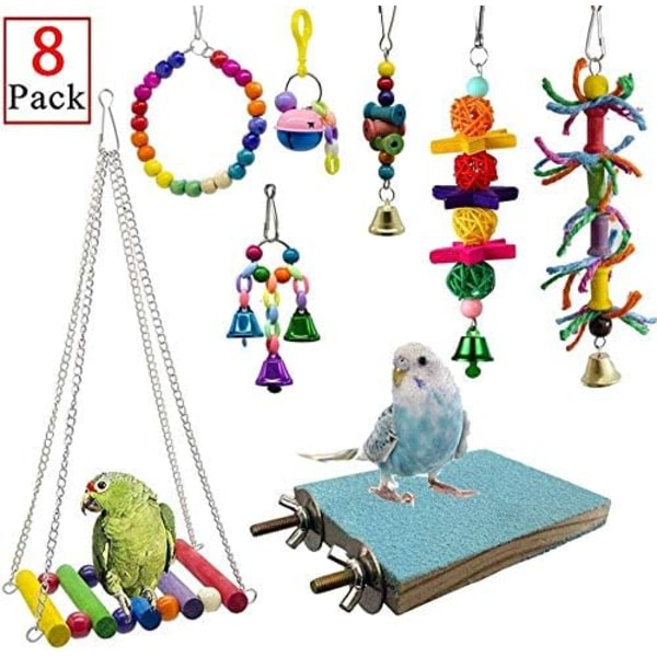 8-pack fågelgunga tuggleksaker - papegojgunga med klockor lämplig för små parakiter, nymfparakiter, conures, finkar, undulater, aror, papegojor, dvärgpapegojor