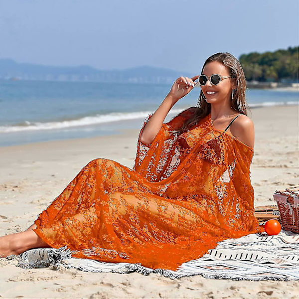 [LCS] Strandovertrekk Boho blondekimono Plus Size Bikini Robe Badedrakt for kvinner Solid-MXBC Orange