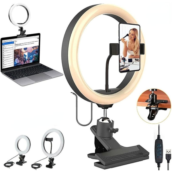 LED Ring Light Dimbar Belysning Med Klämma För Skrivbord Säng Bord Skärm PC