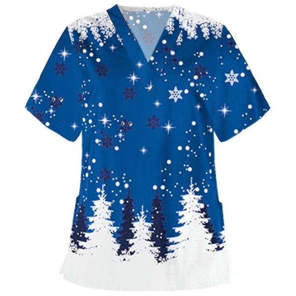 Dame Jul Snømann Kort Ermet T-skjorte Sykehusuniform Sykepleier Skrubb Topper Blue Snowflake S