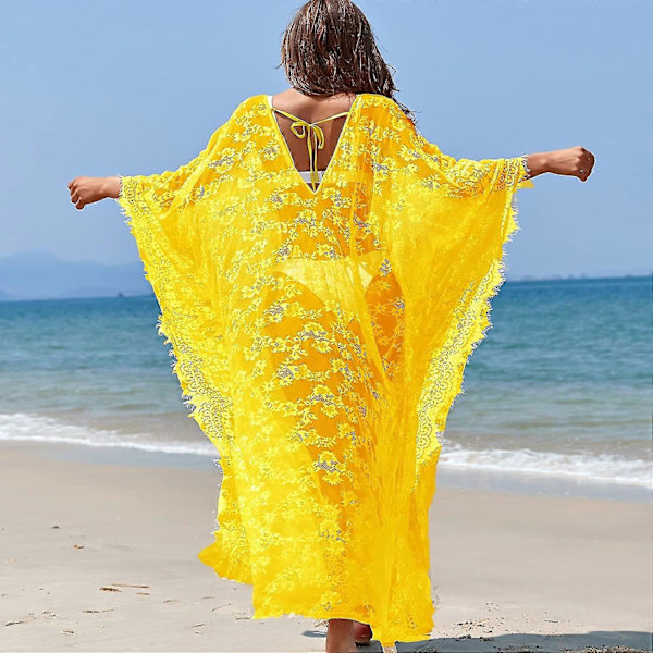 [LCS] Strandöverdrag Boho Spetskimono Plus Size Bikini Robe Baddräkt för kvinnor Solid-MXBC Yellow