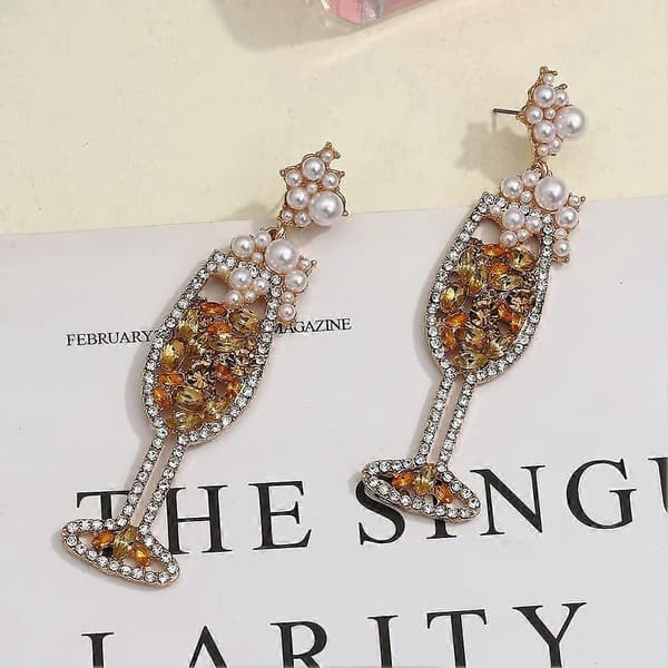 Champagneflaske øreringe, håndlavede krystal champagne vinglas øreringe rhinestone perle dråbe dinglende øreringe charmerende søde statement party E