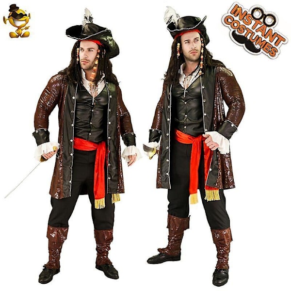 Halloween Kostym Herr Pirat Cosplay Piratdräkt Herr Vuxna Purim Julfest (Brun)