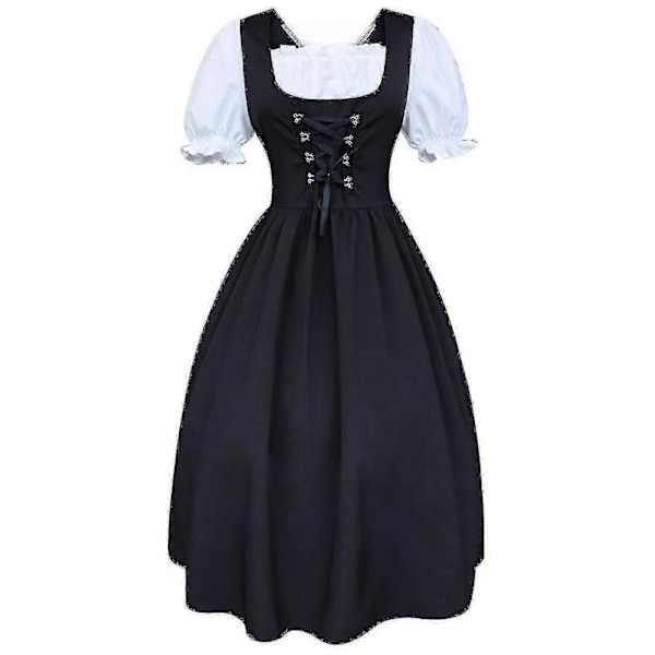 [LCS]S-5xl Dame Midi Dirndl Kjole 2-dele Med Forklæde Og Bluse Sort Hvid XL