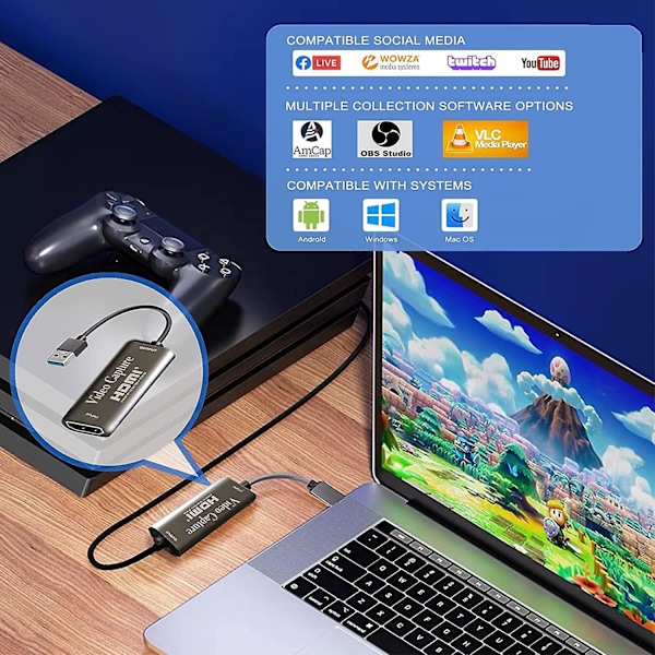 Oppgradert Versjon HDMI Capture Card USB 2.0 Audio Video Capture Card USB til HDMI HD 4K 1080p 30fps