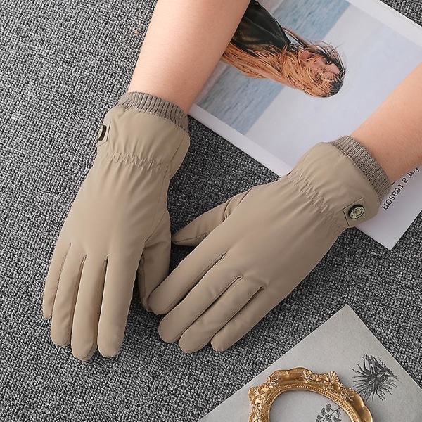 Varma vinterhandskar plus fleece pekskärm utomhushandskar små knappar khaki