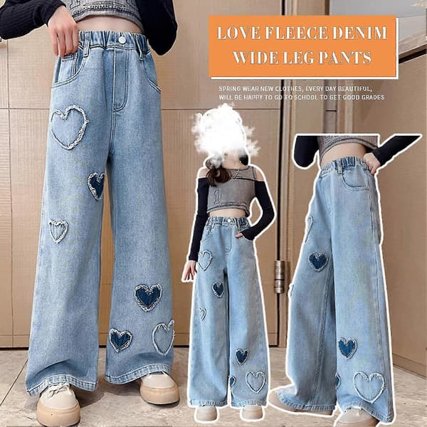 [LCS] Flickor vida ben jeans elastisk midja byxor hjärtmönster tryck jeans för semester vardagskläder skola 130