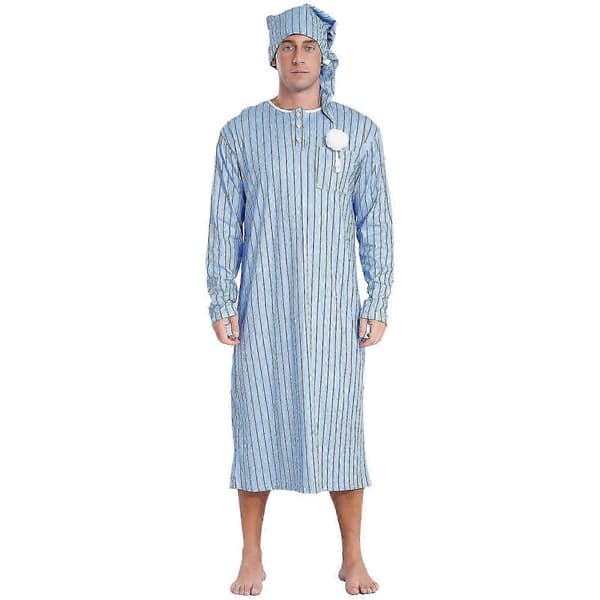 Henley sovtröja för män, randig, stor och lång, långärmad nattlinne med nattmössa light blue M