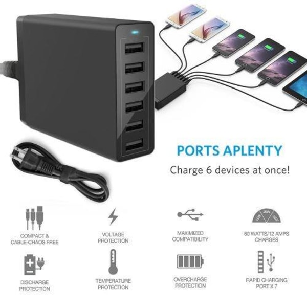 Multi-port USB12A 60W hurtiglader