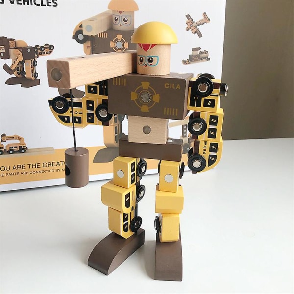 DIY Wooden Magic Engineering Vehicle Combination Truck Robot Magnetisk leksak Variety Montage Bil Barn