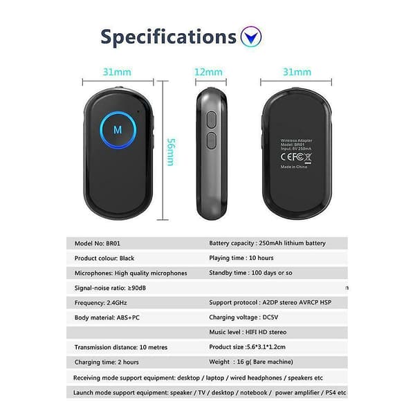 [LCS] Bluetooth 5.0 USB trådløs sender mottaker 2-i-1 lydadapter 3,5 mm Aux