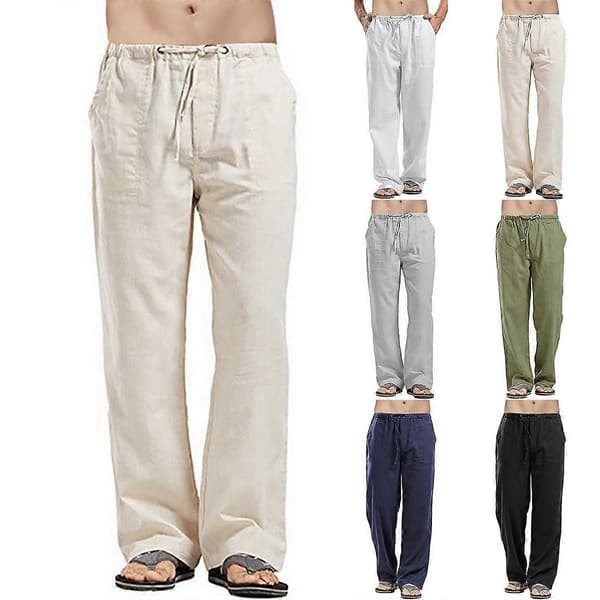 Herre Natur Bomull Lin Bukser Sommerbukser 5XL Uformell Mann Solid Elastisk Midje Rett Løse Bukser white L
