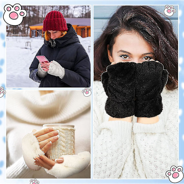 Kattassvantar 3 Par Kawaii Vantar Kattassar Cosplay Fuskpäls Plysch Kattvantar Lejonassar Fingerlösa Vantar för Flickor Kvinnor Svart, Vit, Gr (YJD)