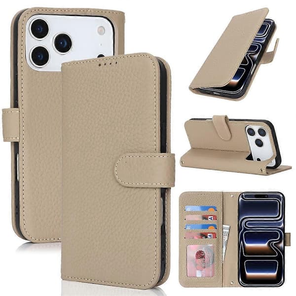 [LCS]Kompatibel med iPhone 17 Pro Stativfodral Litchi Textur Äkta Kohud Plånboksfodral RFID Grey