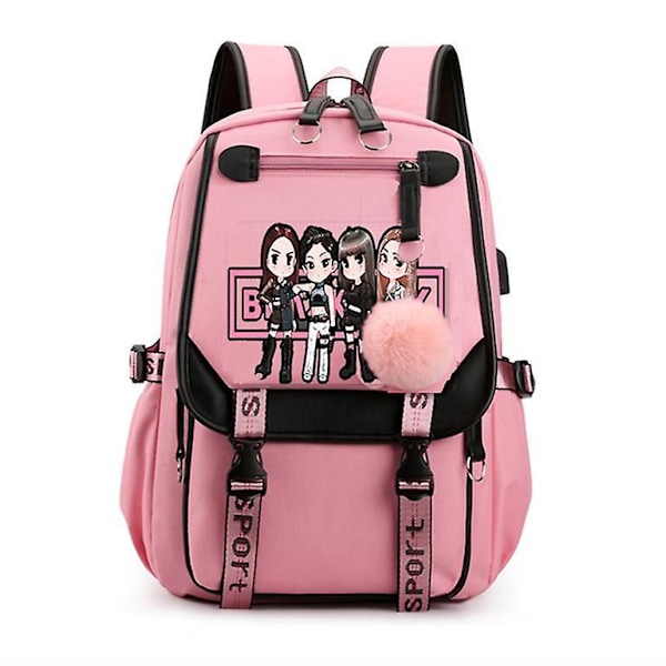 Blackpink Ryggsekk Laptopveske Skoleveske Bokveske med USB-lading og hodetelefonport style 2