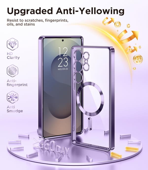 [LCS]Magnetic Case Samsung Galaxy S25 Ultra, Compatible with MagSafe, [Full Camera Protection] [Screen Protector] Shockproof Plated Transparent Black\/Clear